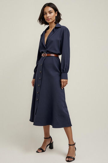 Navy A Line V-Neck Midi Work Dress